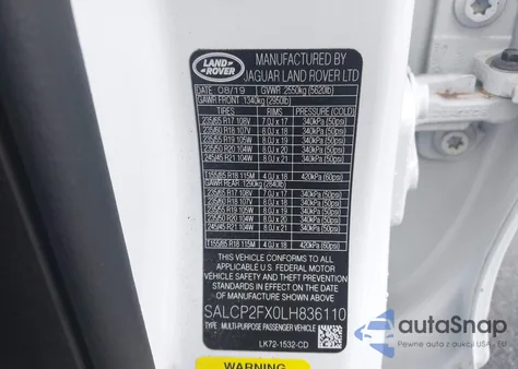 2020 Land Rover Discovery Sport Se z USA, uszkodzony, nr VIN SALCP2FX0LH836110